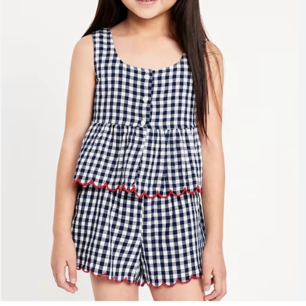 Old Navy Little Girls Blue Gingham Double Weave Tank Scalloped Shorts SMALL 6/7